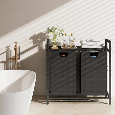 DS BS  Dual Laundry Hamper with Pull-Out Bags & Steel Top Shelf – 72×32×71cm