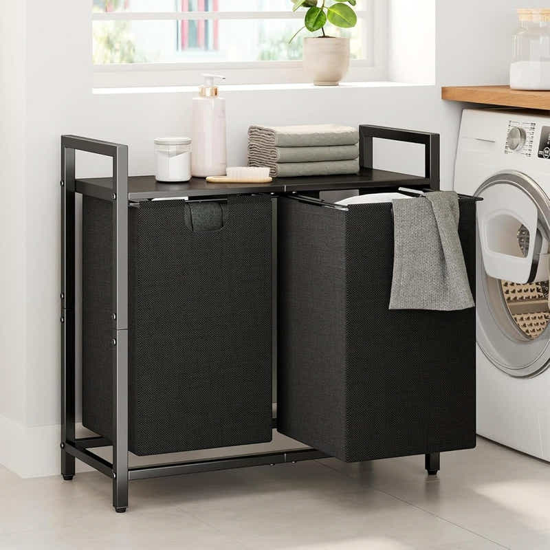 DS BS  Dual Laundry Hamper with Pull-Out Bags & Steel Top Shelf – 72×32×71cm