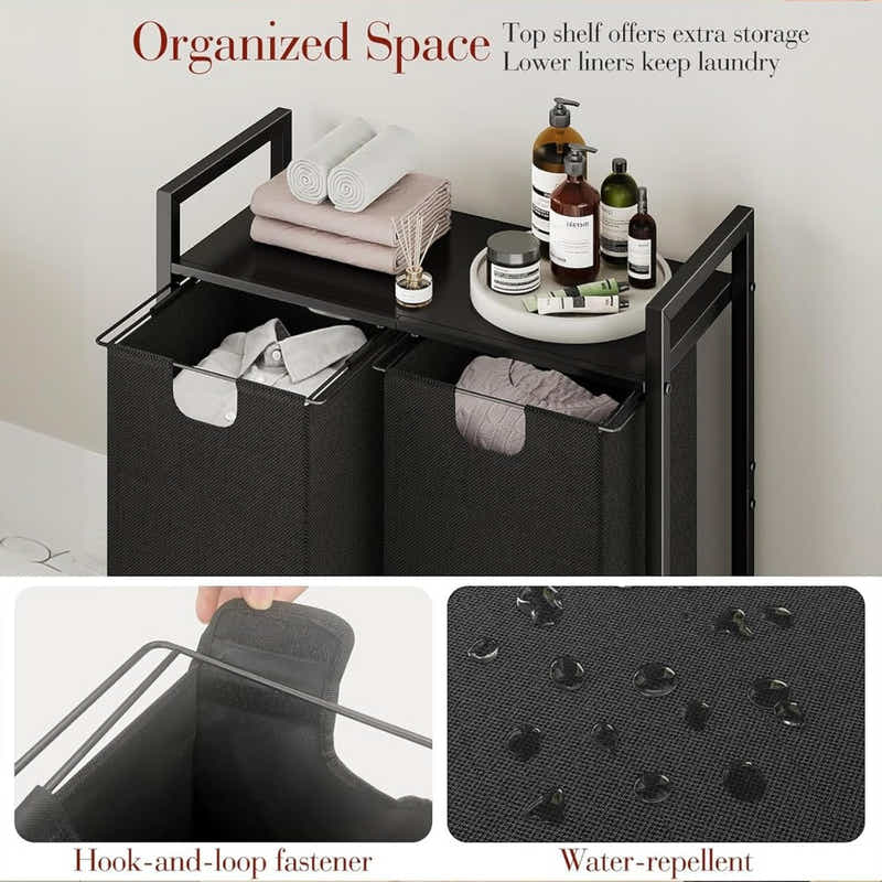 DS BS  Dual Laundry Hamper with Pull-Out Bags & Steel Top Shelf – 72×32×71cm