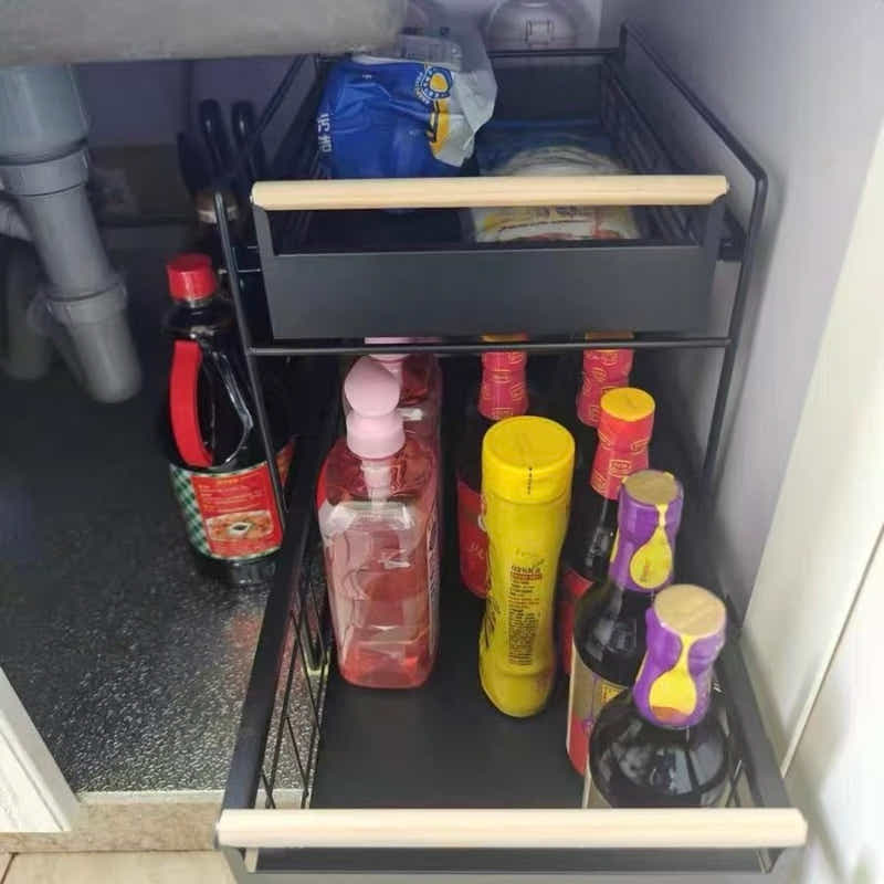 DS BS Double Tier Sliding Kitchen Storage Rack Under Sink Organizer