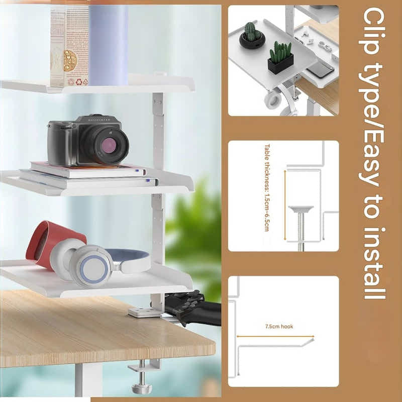 DS BS Clamp On Desk Shelf with 3 Adjustable Trays-White