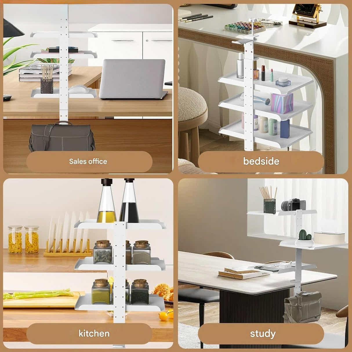 DS BS Clamp On Desk Shelf with 3 Adjustable Trays-White