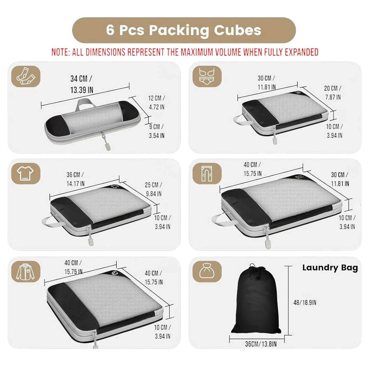 DS BS 6pcs Compression Packing Cubes Travel Luggage Organizer Set - Black