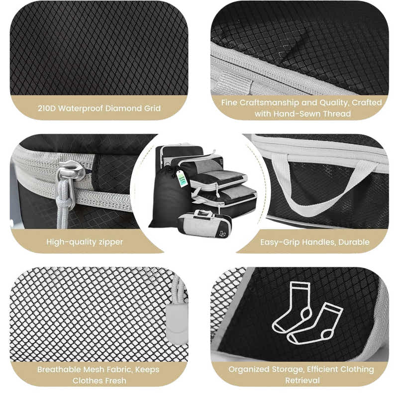 DS BS 6pcs Compression Packing Cubes Travel Luggage Organizer Set - Black