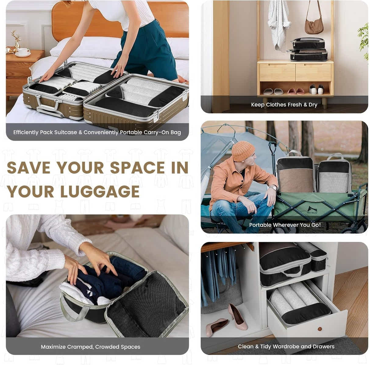 DS BS 6pcs Compression Packing Cubes Travel Luggage Organizer Set - Black