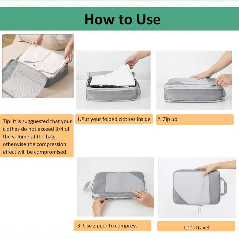 DS BS 6pcs Compression Packing Cubes Travel Luggage Organizer Set - Grey