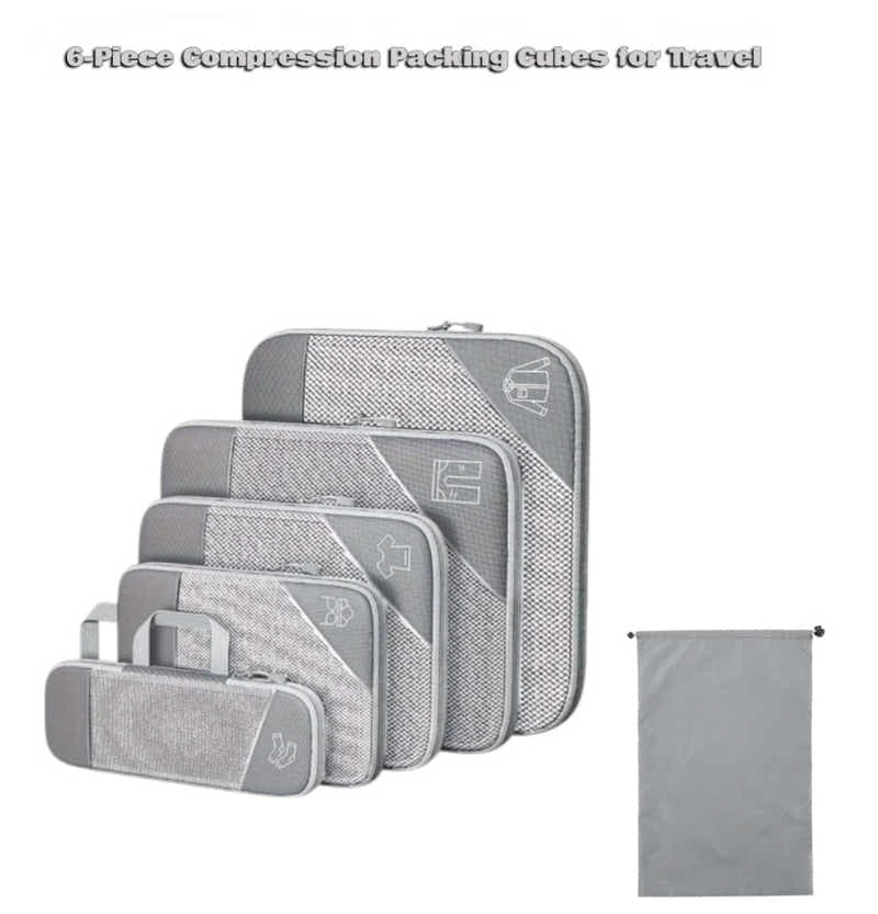 DS BS 6pcs Compression Packing Cubes Travel Luggage Organizer Set - Grey