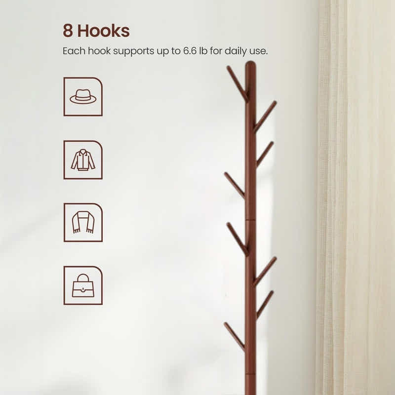 DS BS Wooden Coat Tree with 8 Hooks -Walnut