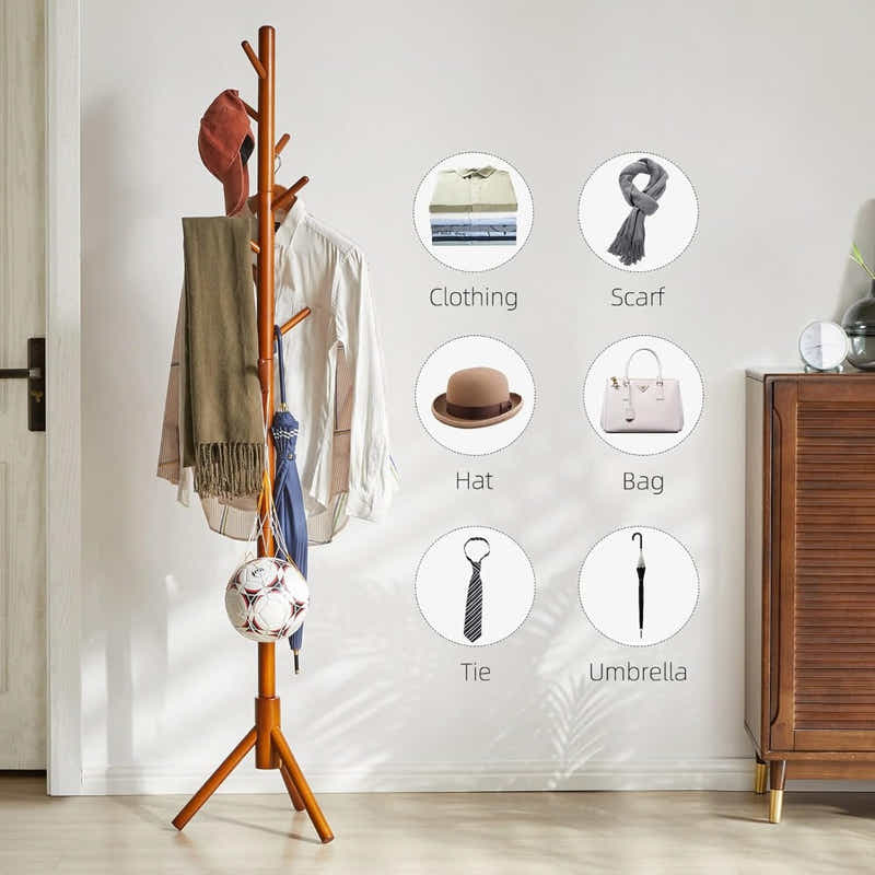 DS BS Wooden Coat Tree with 8 Hooks -Walnut