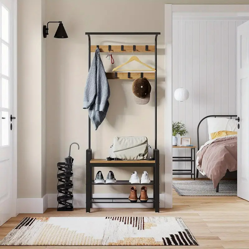 DS BS 4-in-1 Hall Tree Coat Rack with Shoe Bench and Storage Shelves
