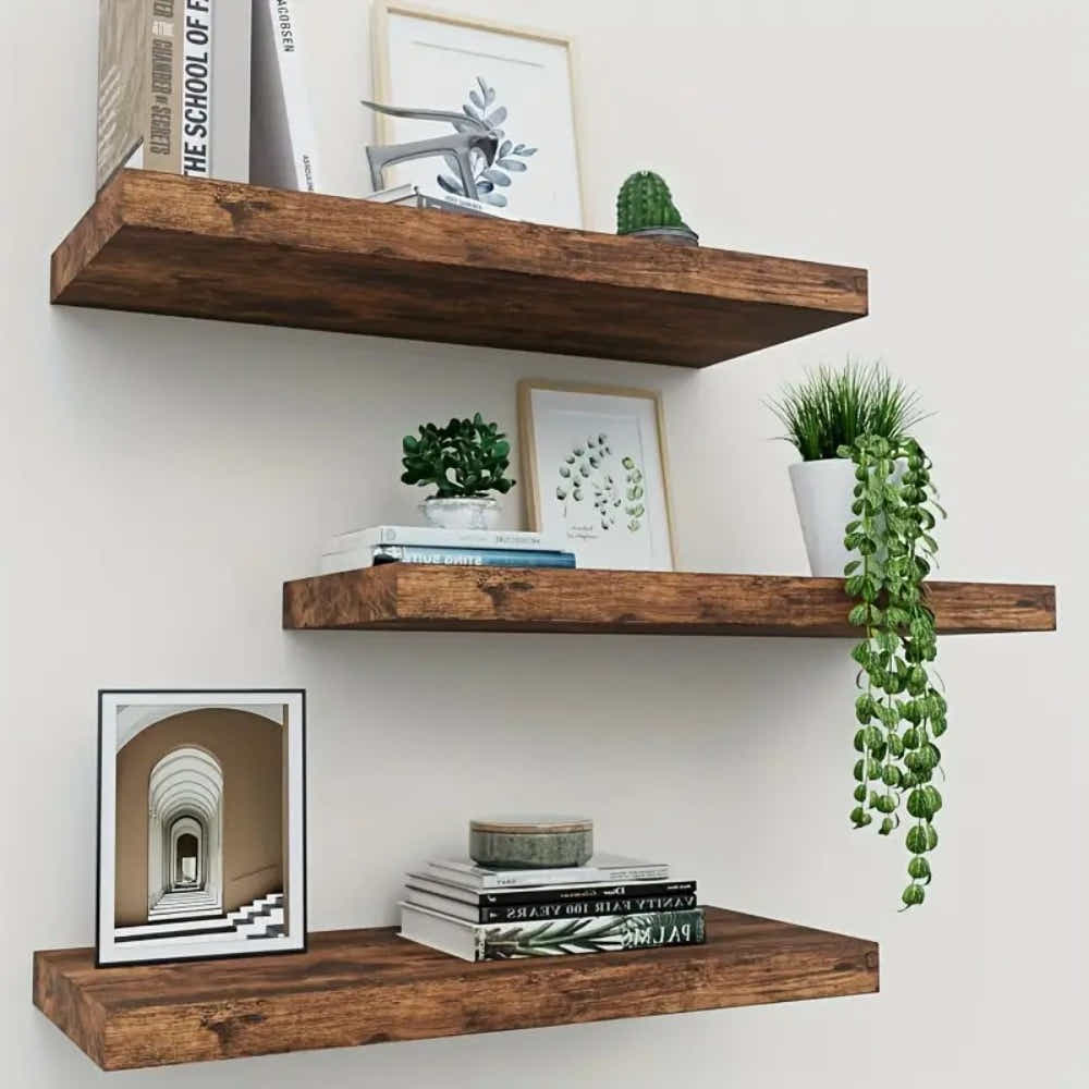 DS BS Set of 2 Floating Wall Shelves with Metal Bracket - Brown