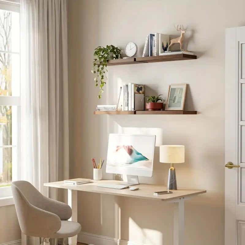 DS BS Set of 2 Floating Wall Shelves with Metal Bracket - Brown