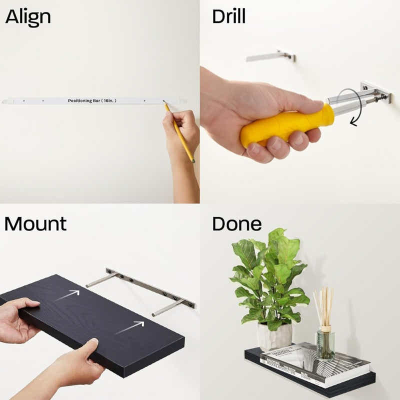 DS BS Set of 2 Floating Wall Shelves with Metal Bracket - Brown