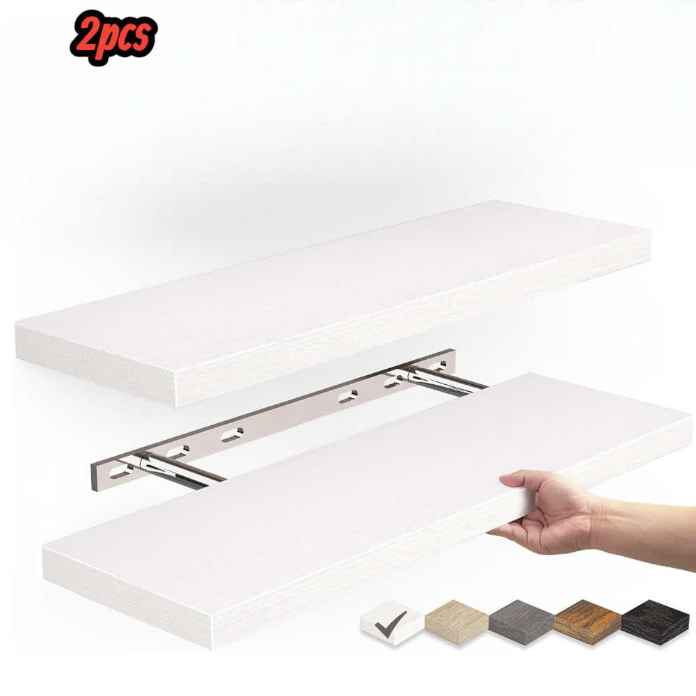 DS BS Set of 2 Floating Wall Shelves with Metal Bracket - White