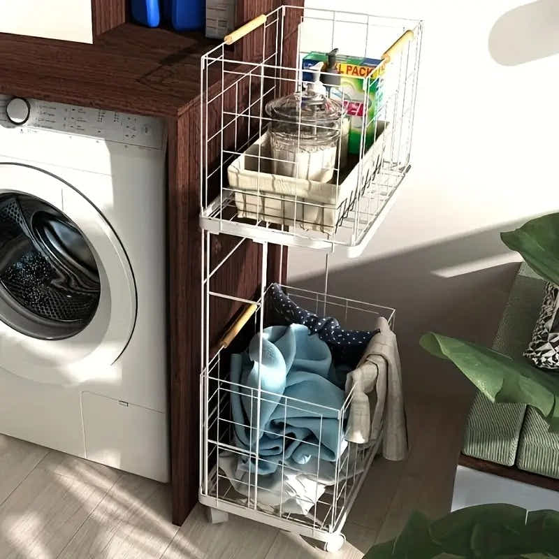 DS BS 2 Tier Laundry Basket Cart with Wheels Removable Wire Baskets