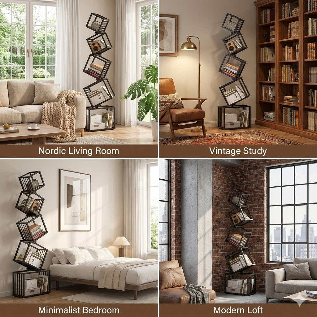 DS BS Geometric Stacking Bookshelf 183cm Tall Modern Carbon Steel Storage Rack
