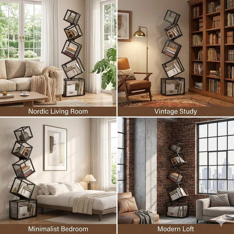 DS BS Geometric Stacking Bookshelf 183cm Tall Modern Carbon Steel Storage Rack