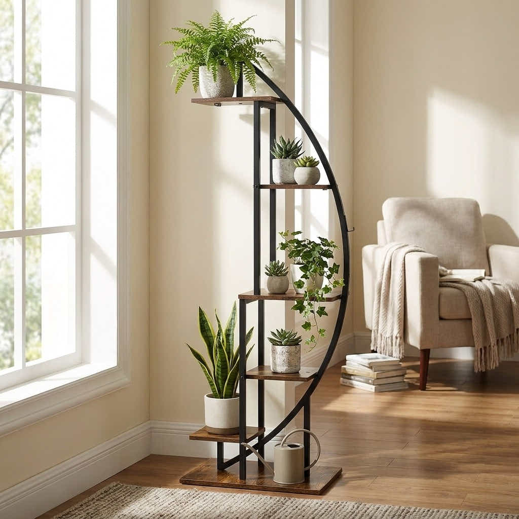 DS BS Half-moon Tiered Plant Shelf | wood color + black