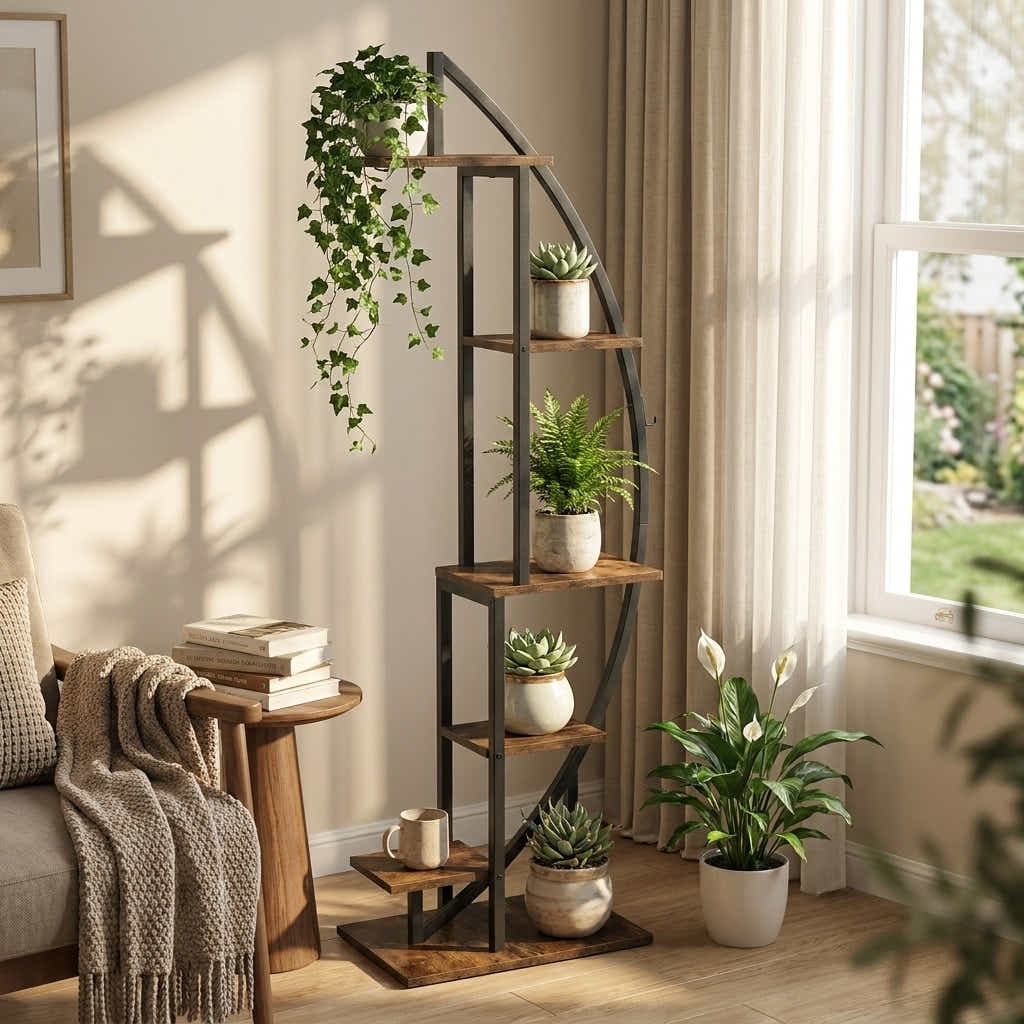 DS BS Half-moon Tiered Plant Shelf | wood color + black