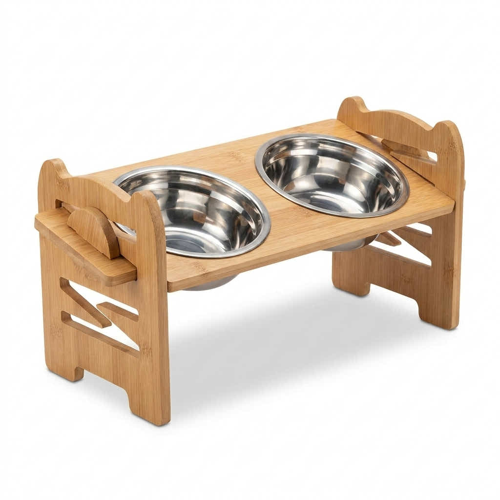 DS BS Adjustable Bamboo Raised Double Dog Bowls