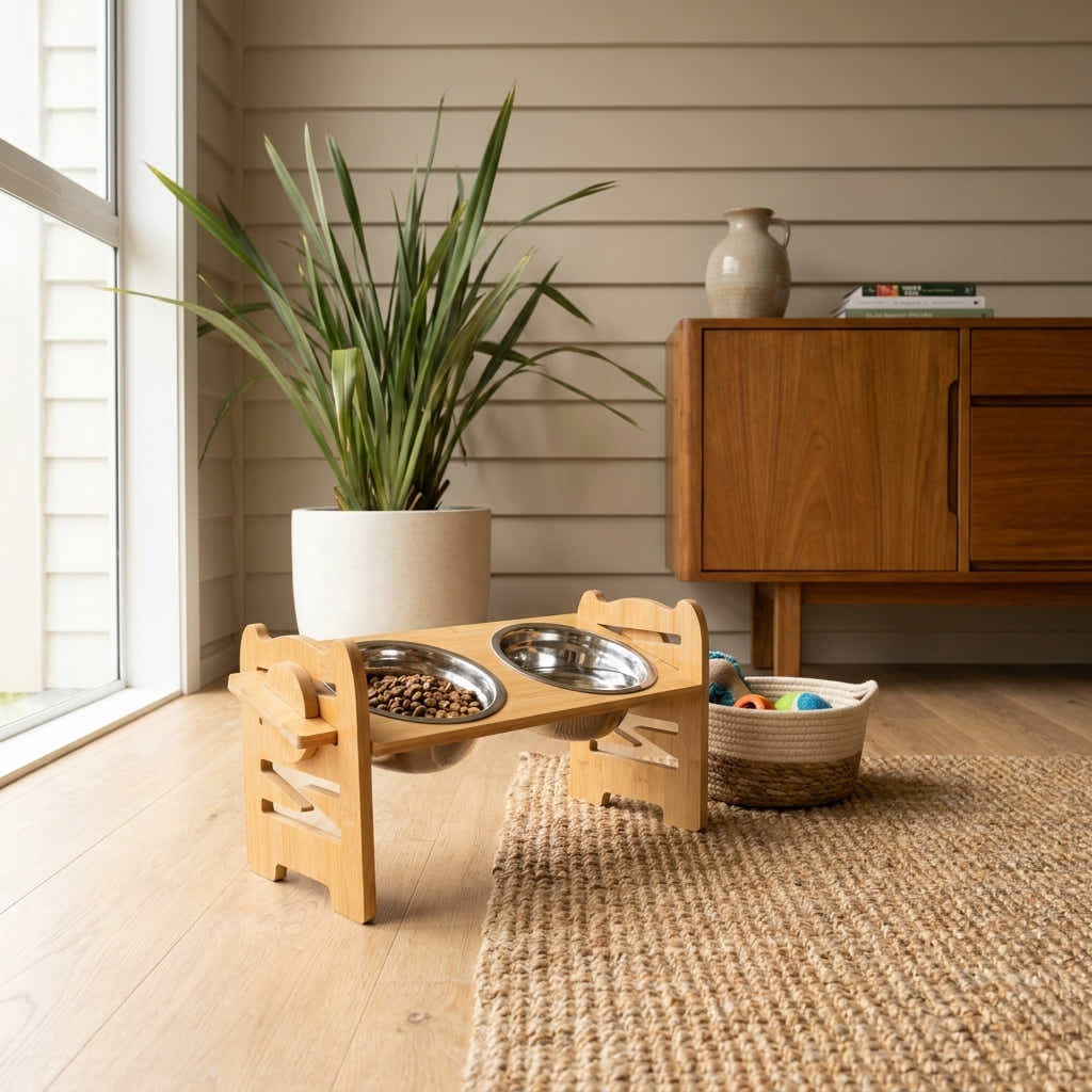 DS BS Adjustable Bamboo Raised Double Dog Bowls