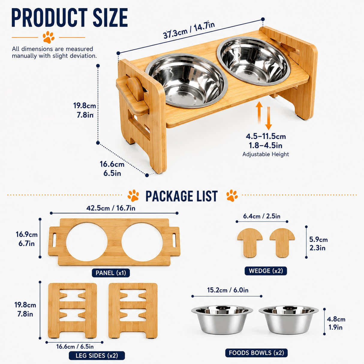 DS BS Adjustable Bamboo Raised Double Dog Bowls