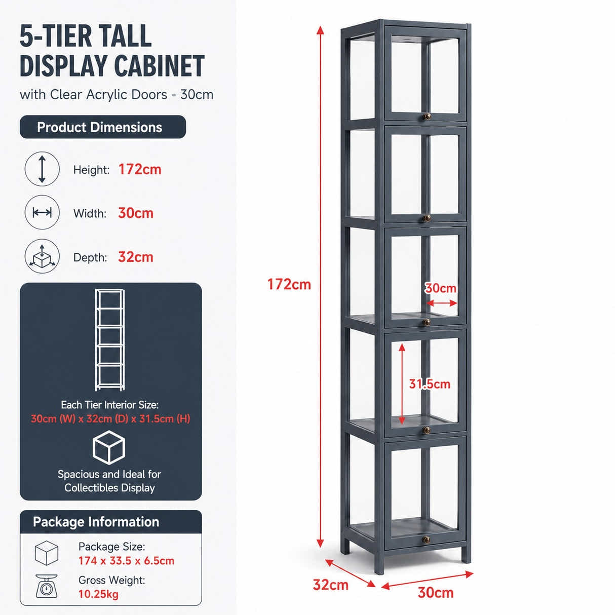 DS BS 5-Tier Tall Display Cabinet | Gray, 30cm width