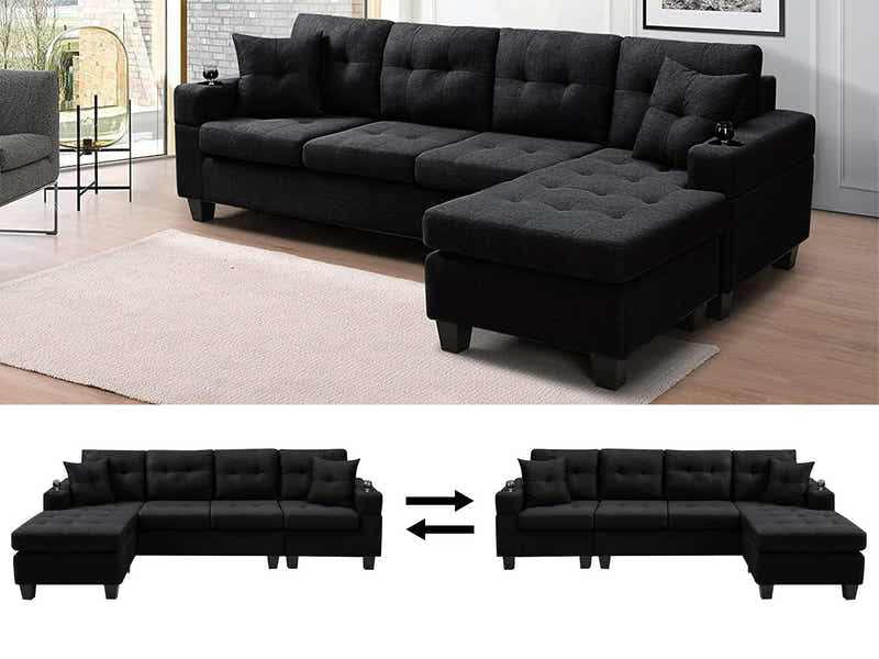 Marcia Sectional Sofa with Left Chaise Linen Black