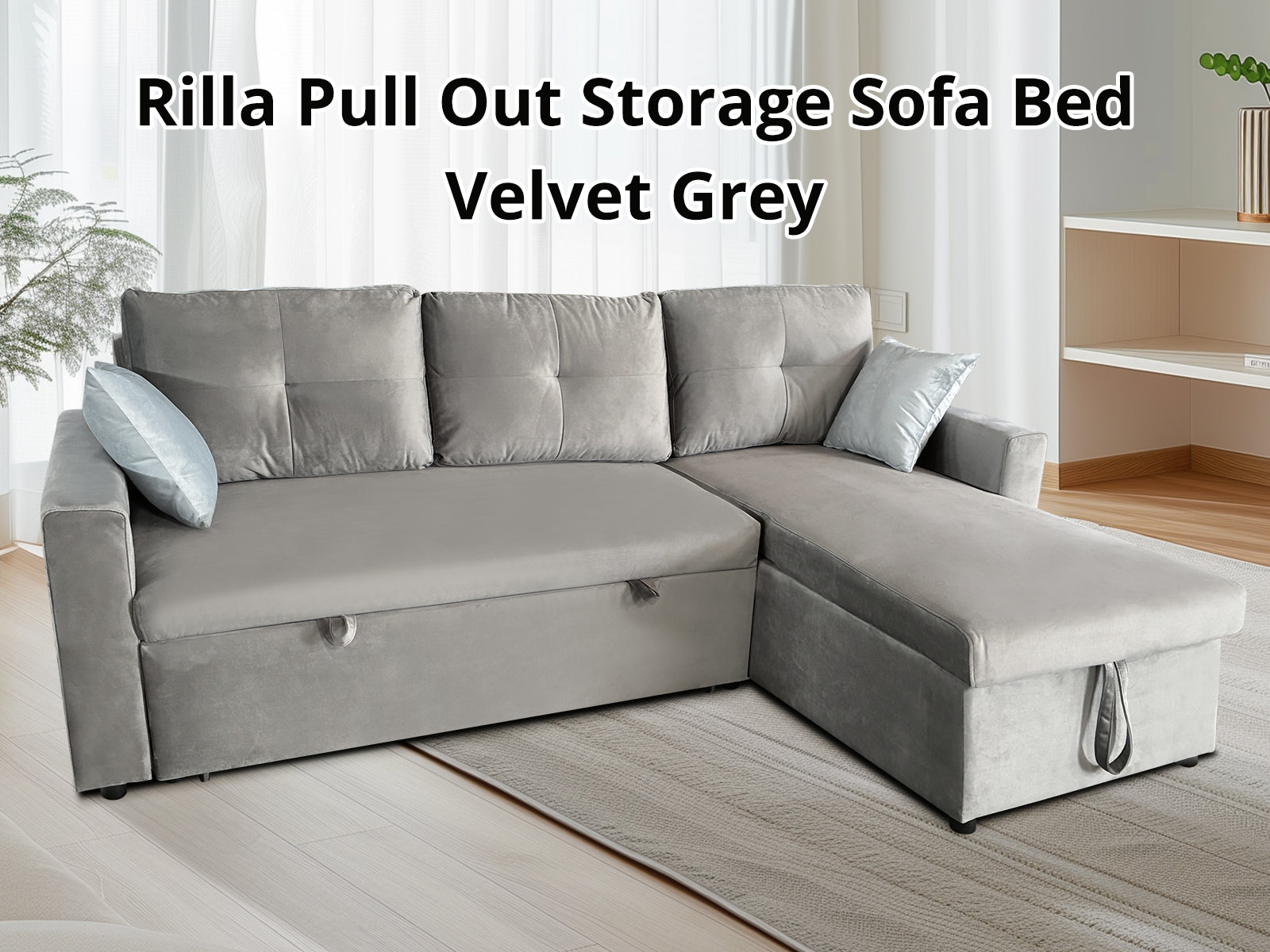 Rilla Pull Out Sofa Bed With Storage - Velvet Grey