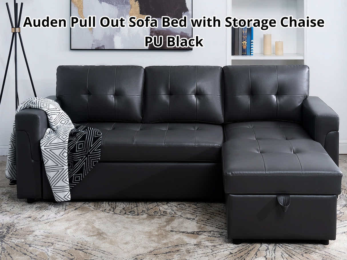 Auden Pull Out Sofa Bed with Storage Chaise PU - Black