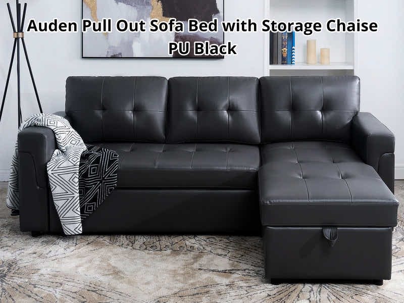 Auden Pull Out Sofa Bed with Storage Chaise PU Black
