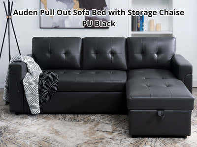 Auden Pull Out Sofa Bed with Storage Chaise PU Black