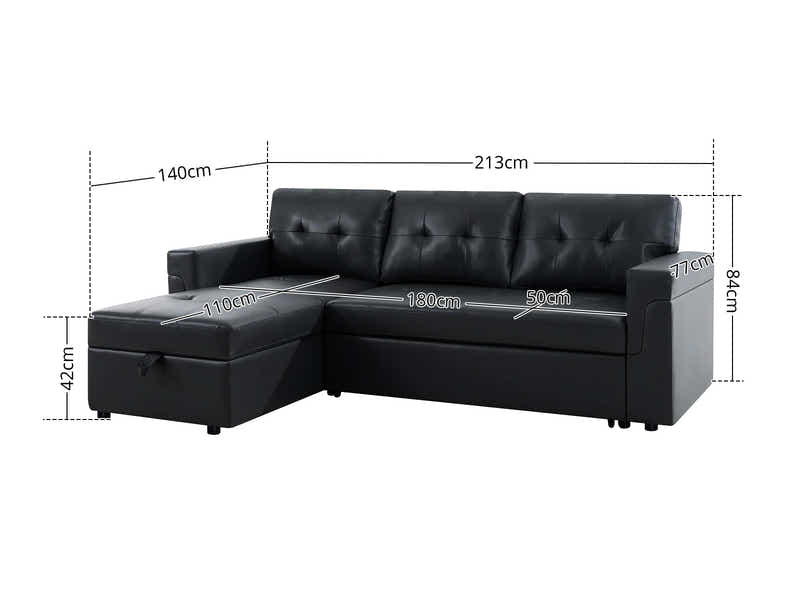 Auden Pull Out Sofa Bed with Storage Chaise PU Black