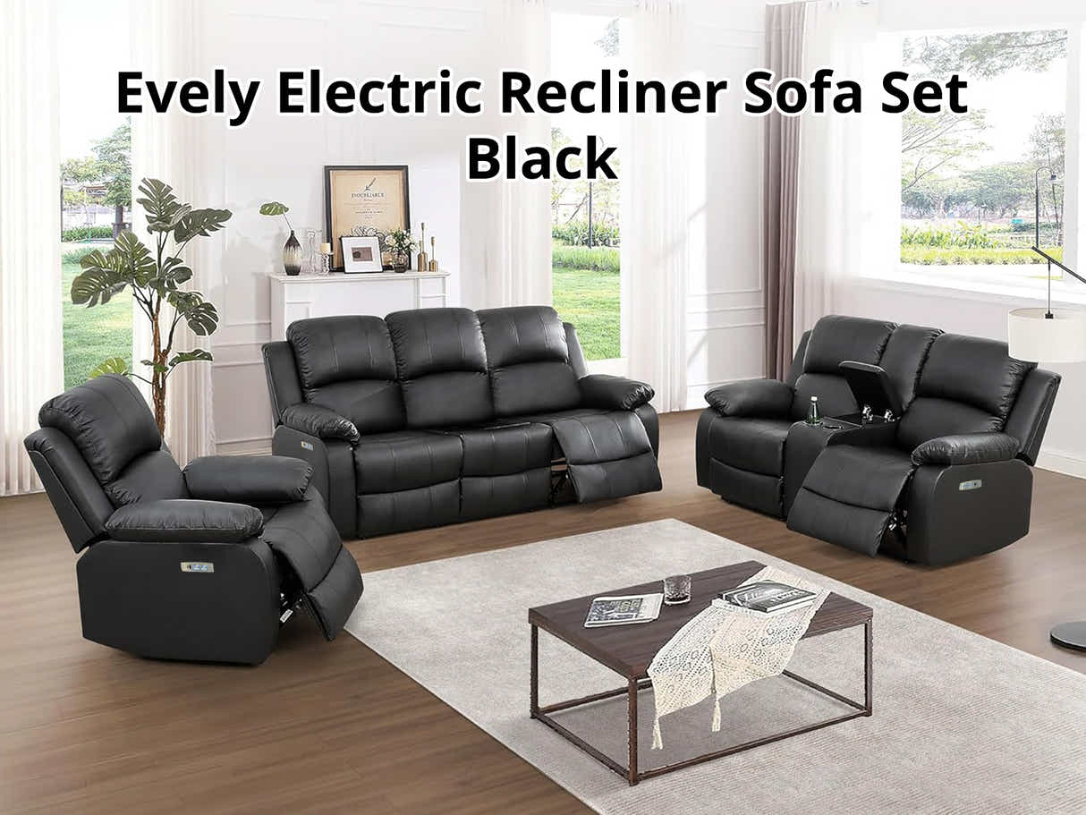 Evely Electric Recliner Sofa Set Black