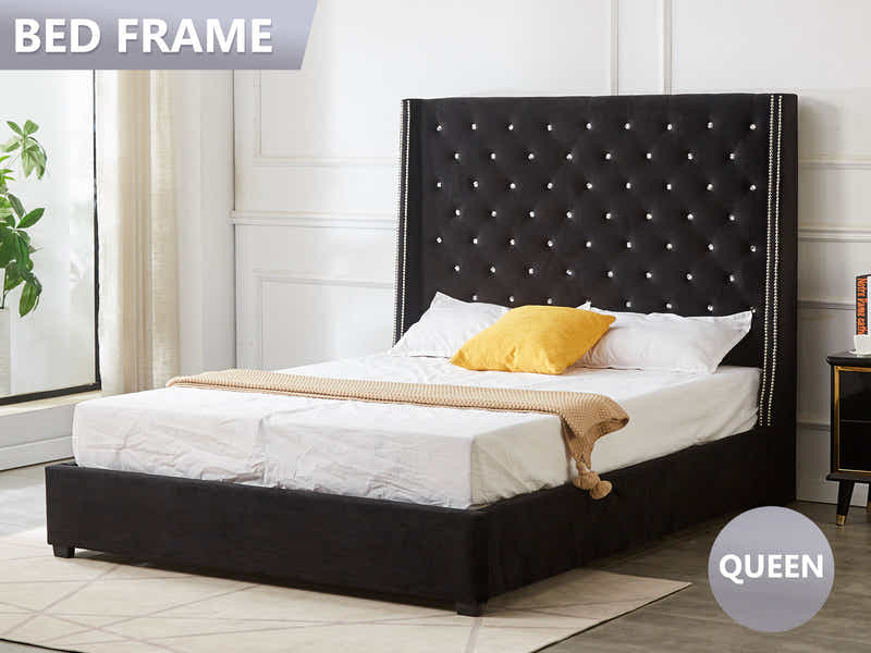 Aria Velvet Bed Frame Black & Xclusive Pocket Spring Mattress X20 Queen (Combo)