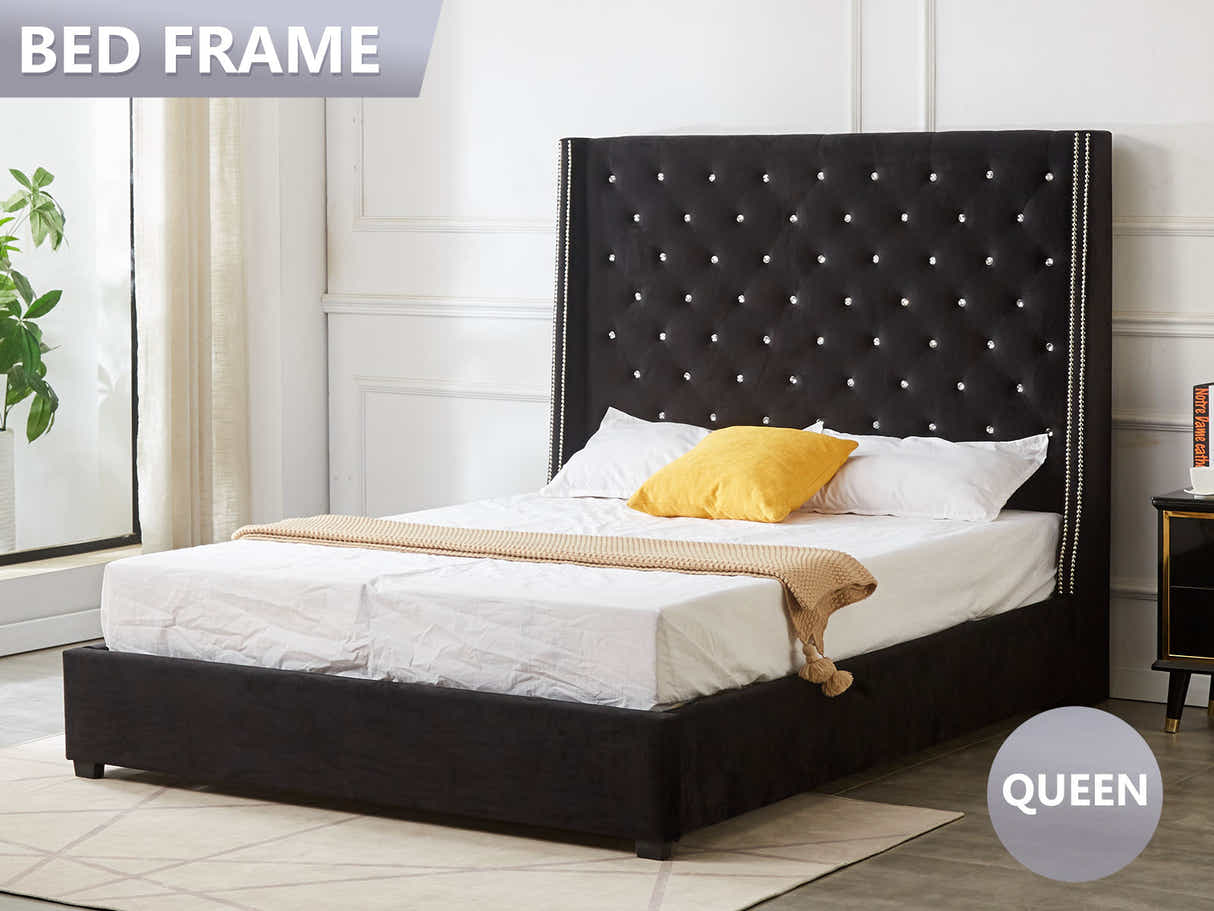 Aria Velvet Bed Frame Black & Euro Top Mattress G31 - Queen