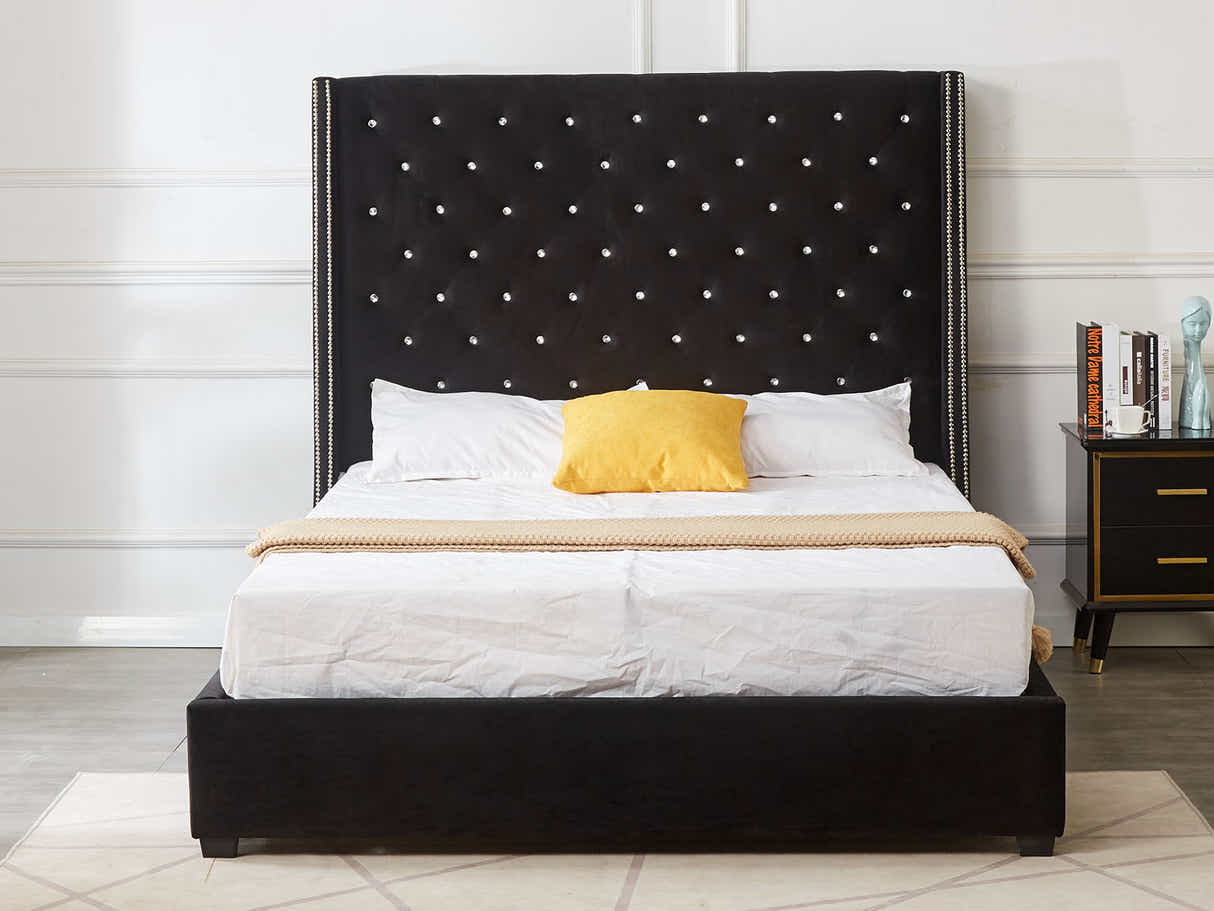Aria Velvet Bed Frame Black & Euro Top Mattress G31 - Queen
