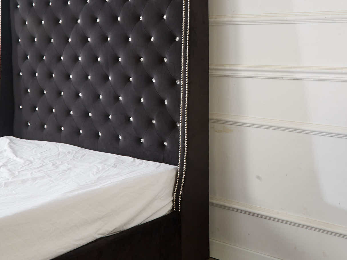Aria Velvet Bed Frame Black & Euro Top Mattress G31 - Queen