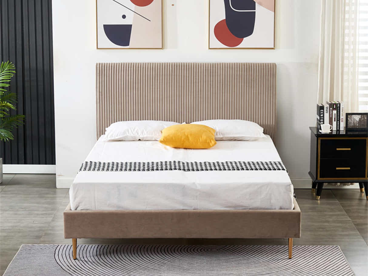 Fenix Velvet Bed Frame Brown & Euro Top Mattress B34 - Queen