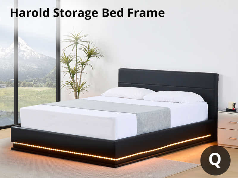 Harold Storage Bed with LED Light PU Black - Queen