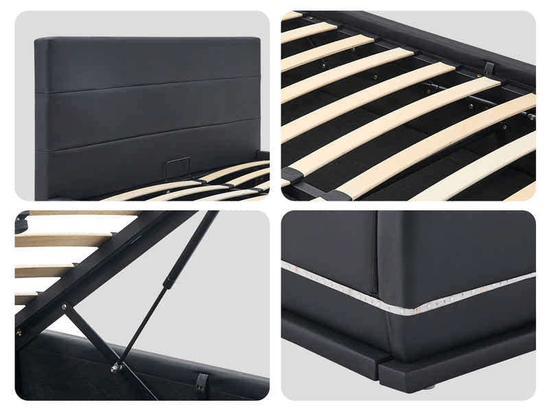 Harold Storage Bed with LED Light PU Black - Queen
