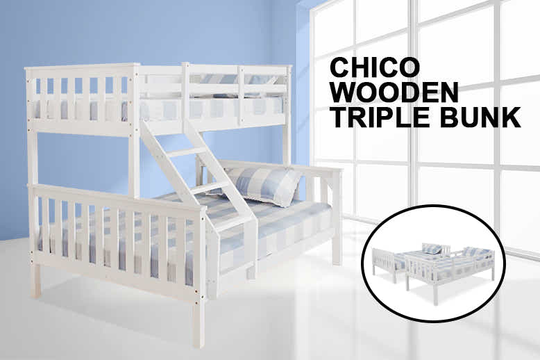 New Chico Triple Bunk Bed - White + Bon10 Single & Bon 21 Double Mattresses