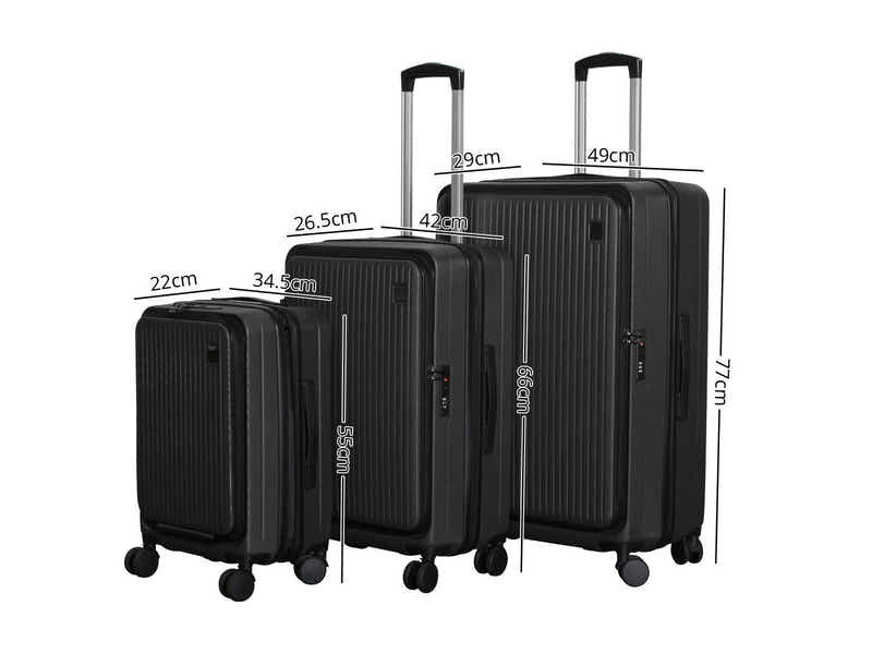 3-Piece Front Open Luggage Set – Black