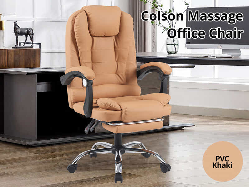 Height Adjustable Desk Set LK Oak & Colson Massage Office Chair PVC Khaki (Combo)