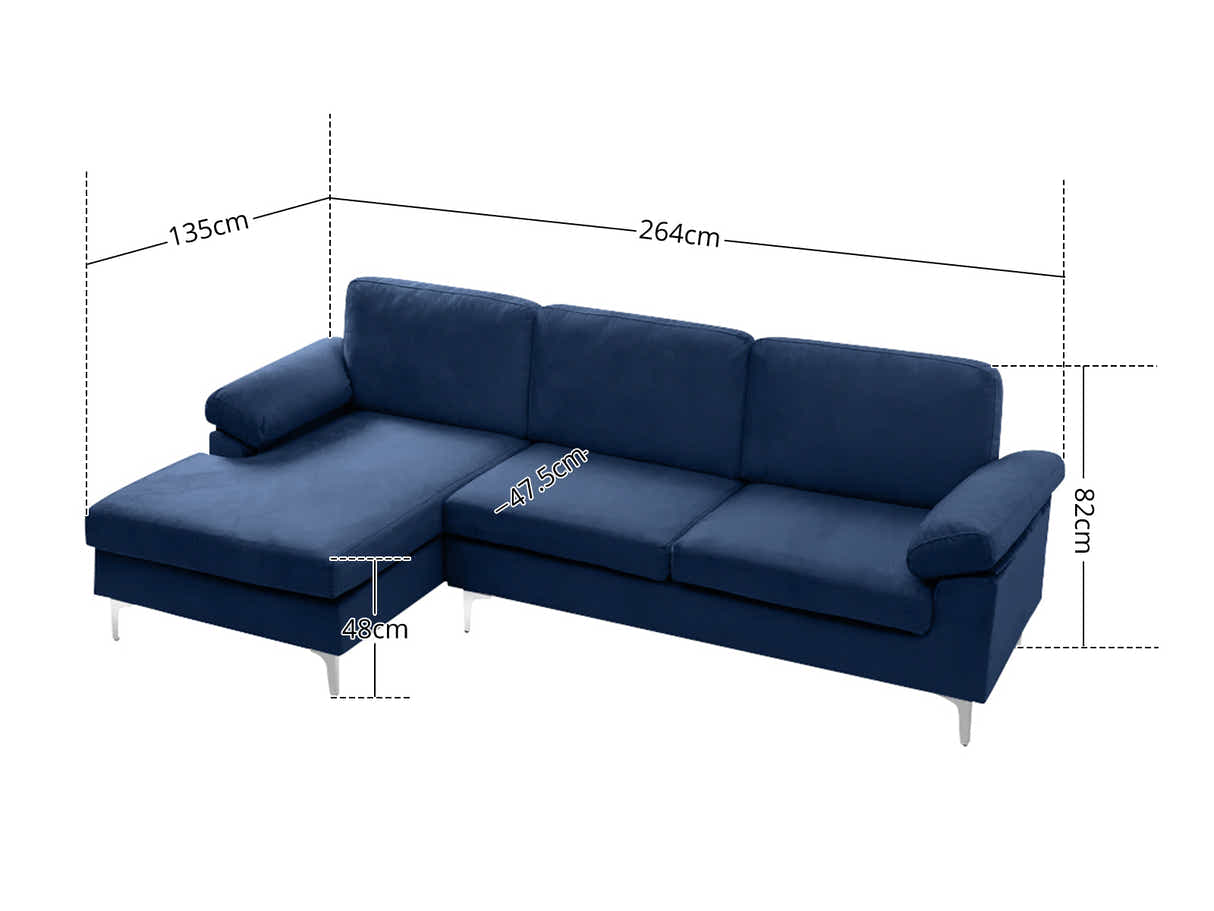 Lemore Velvet Sofa With Left Chaise - Navy Blue