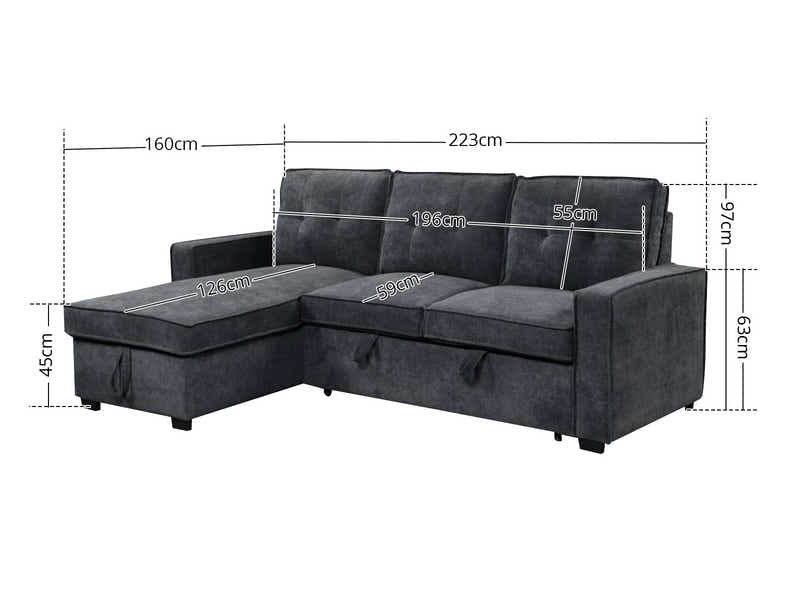 Collyn Pull Out Sofa Bed with Left Chaise Chenille Dark Grey