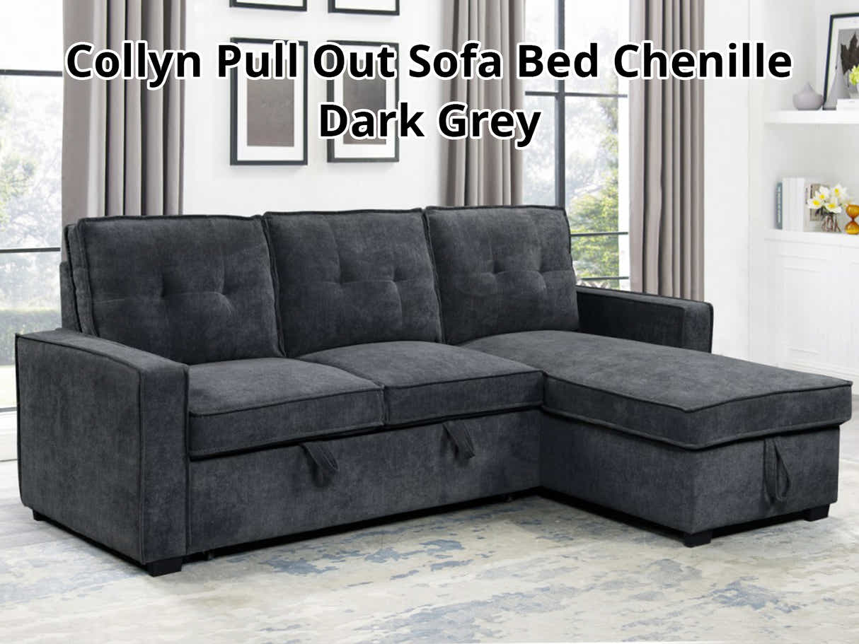 Collyn Chenille Sofa Bed with Right Chaise – Dark Grey