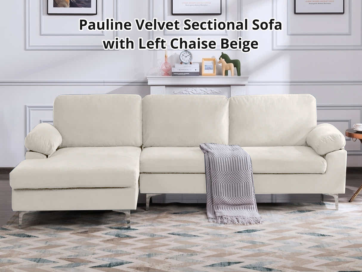 Pauline Velvet Sectional Sofa with Left Chaise - Beige