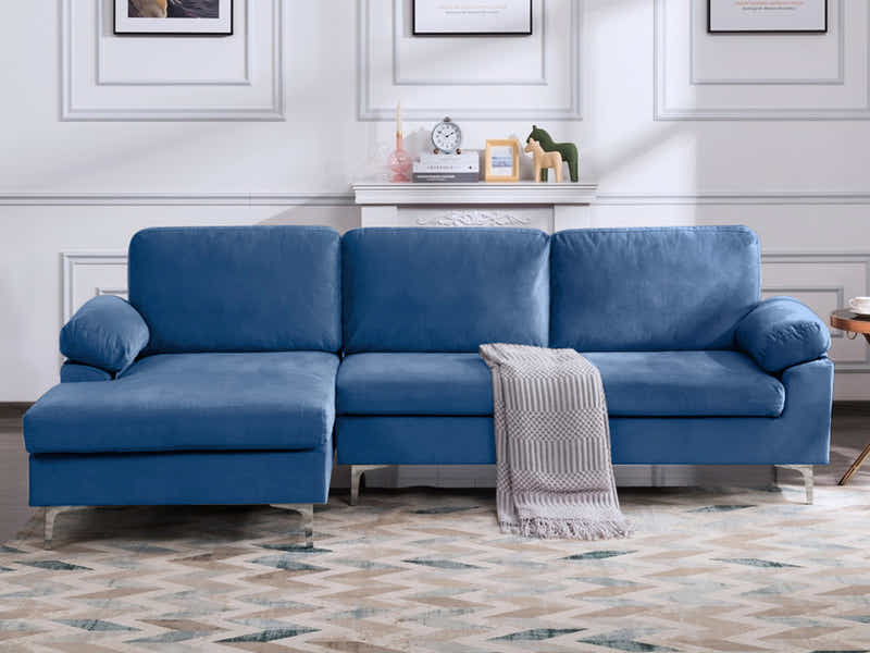 DS Pauline Velvet Sectional Sofa with Left Chaise Blue