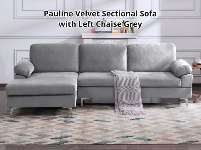 DS Pauline Velvet Sectional Sofa with Left Chaise Grey
